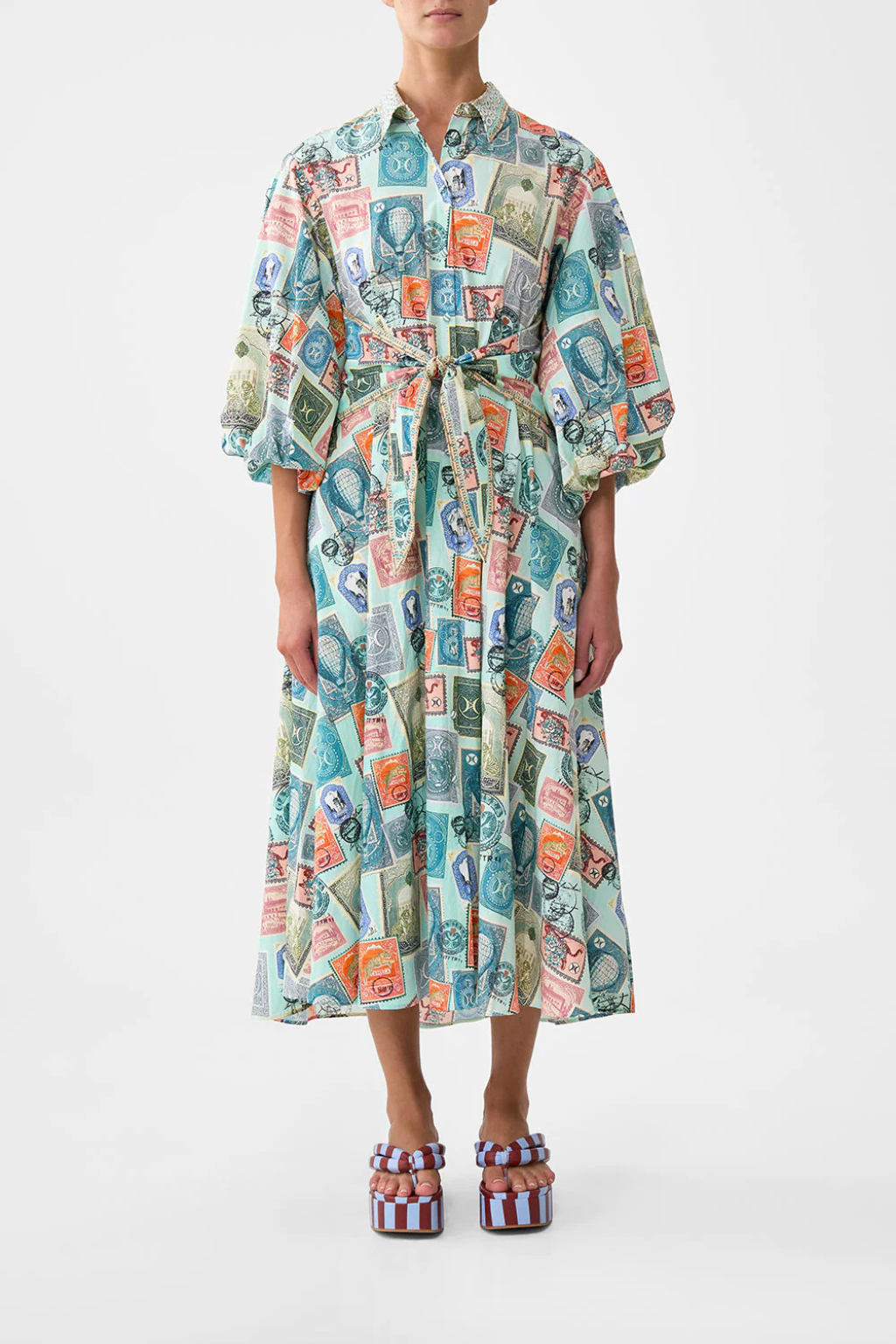 Waist Tie Shirt Dress With Bubble Sleeve
