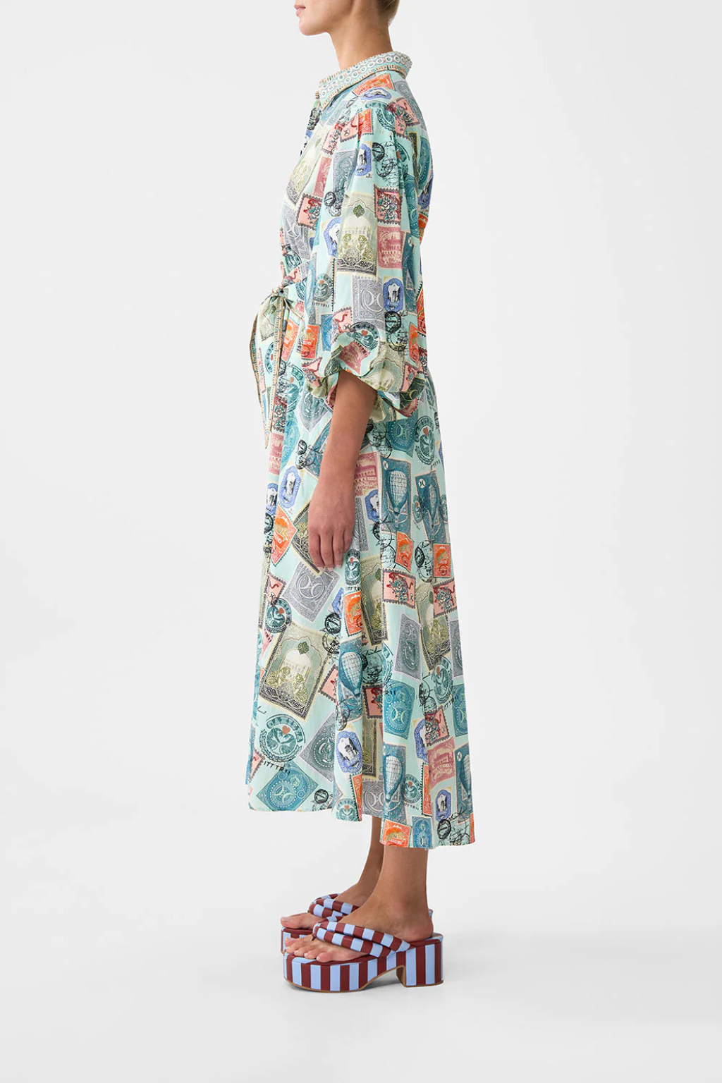 Waist Tie Shirt Dress With Bubble Sleeve