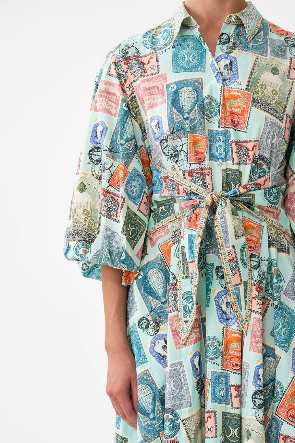 Waist Tie Shirt Dress With Bubble Sleeve