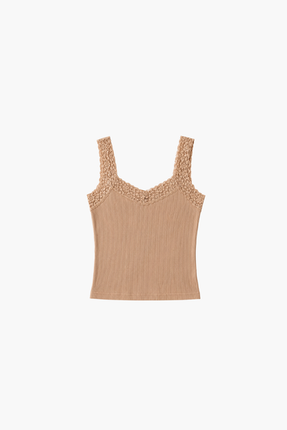 Seamless Ribbed Tank Top with Lace Trim