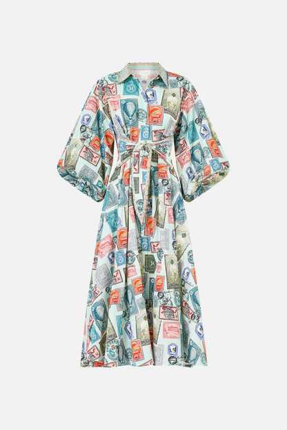 Waist Tie Shirt Dress With Bubble Sleeve