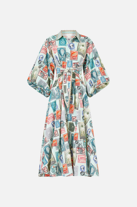 Waist Tie Shirt Dress With Bubble Sleeve