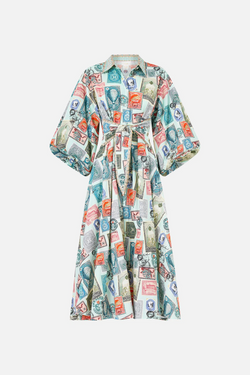 Waist Tie Shirt Dress With Bubble Sleeve