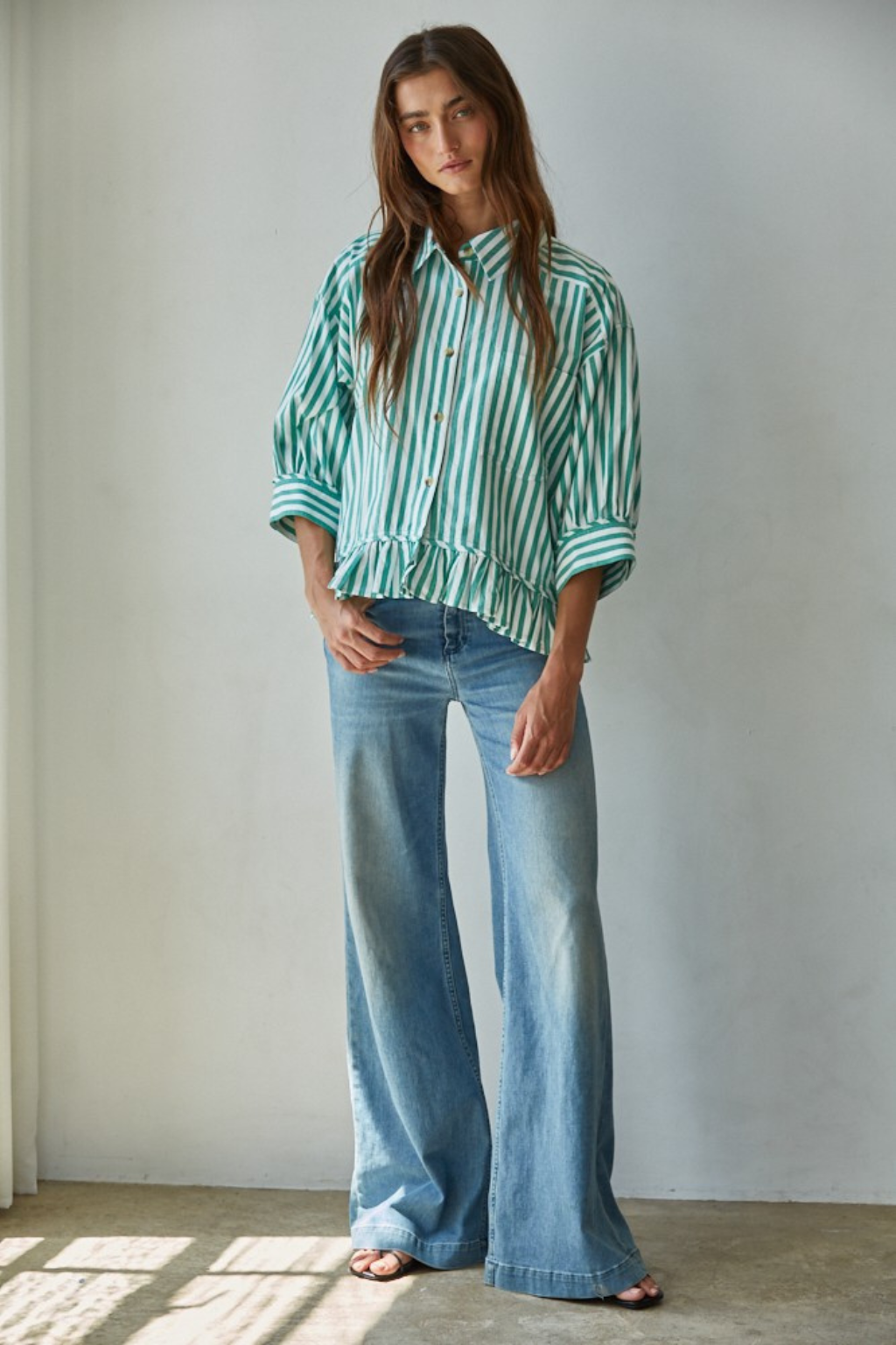 Striped Button Down Top with Ruffle Hem