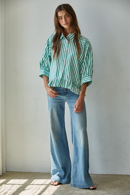 Striped Button Down Top with Ruffle Hem