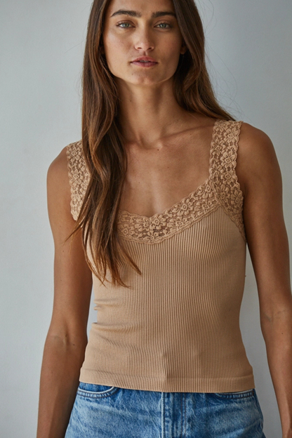 Seamless Ribbed Tank Top with Lace Trim