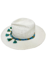 White Fedora with Layered Beaded Trim